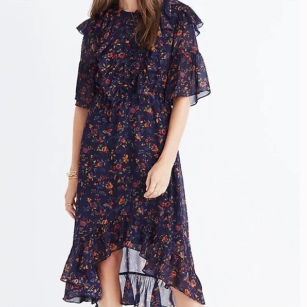 Madewell Navy High Low Ruffle Midi Dress
